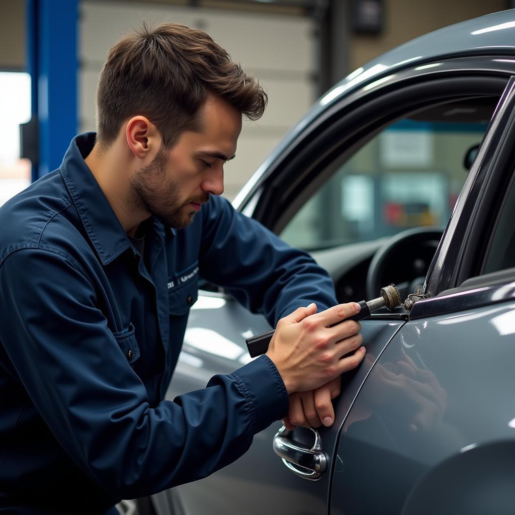 Mechanic Repairing a Car Window Channel in a Workshop