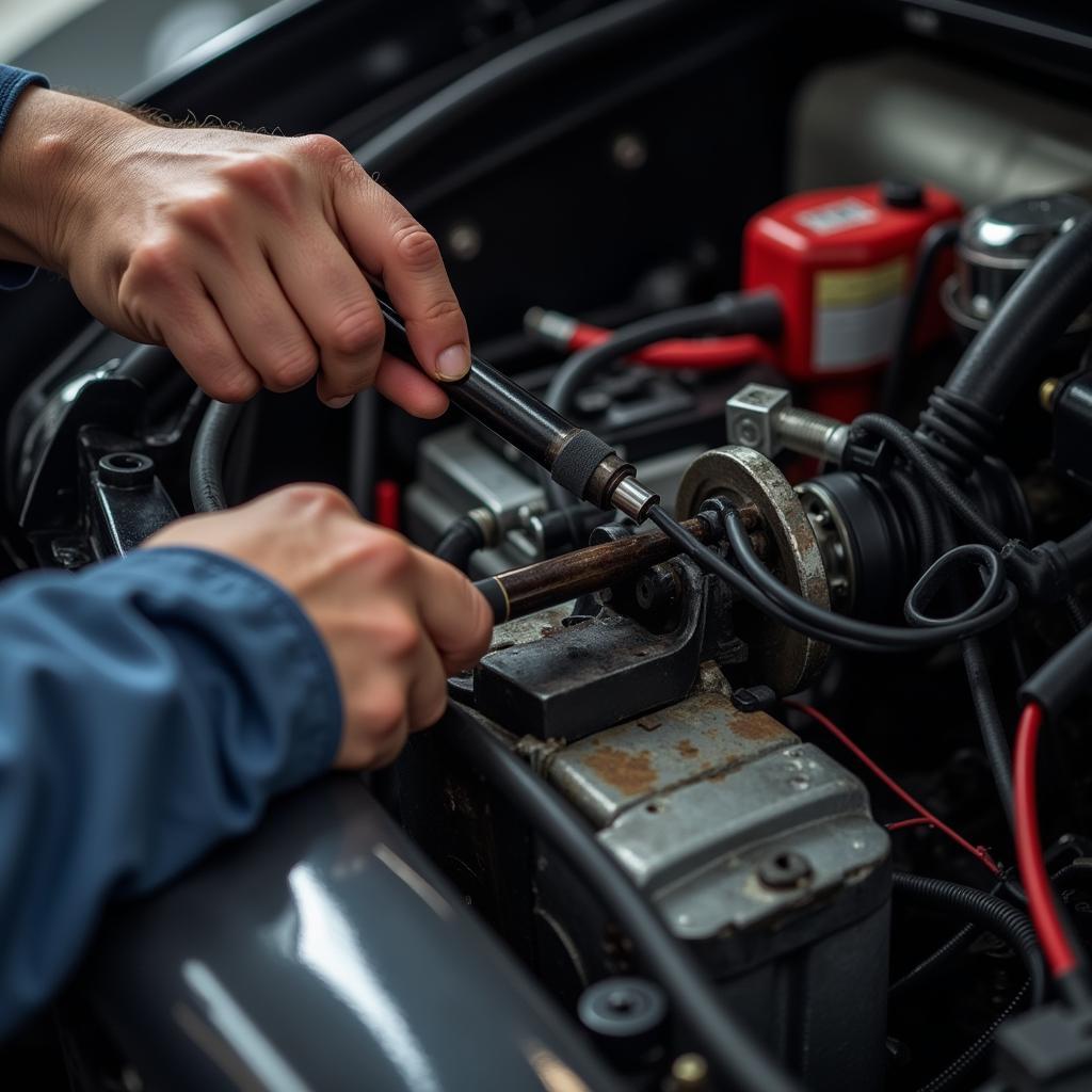 Mechanic Repairing Headlight Wiring