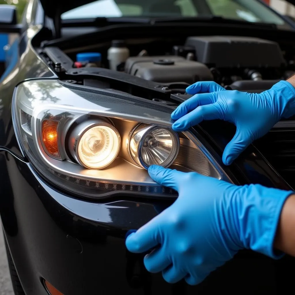 Mechanic Replacing Car Headlight Bulb