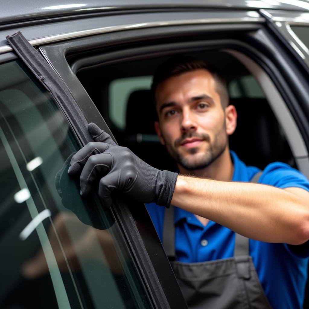 Mechanic Replacing Car Window Rubber