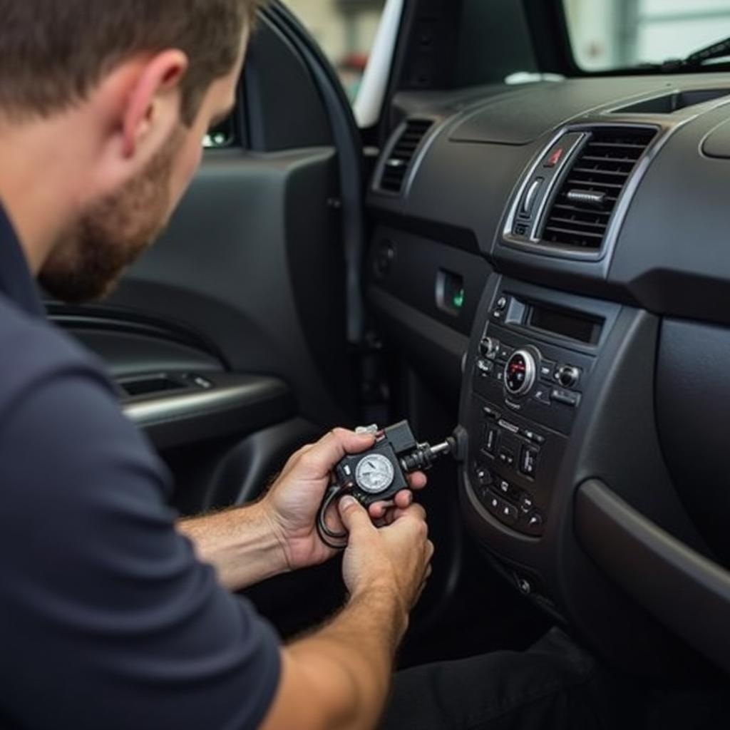 Mechanic replacing a power window actuator in a car