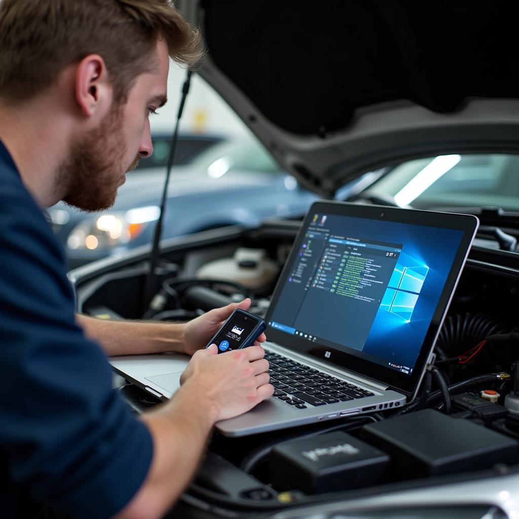 Mechanic Using Bluetooth OBD2 Scanner and Windows 7 Laptop