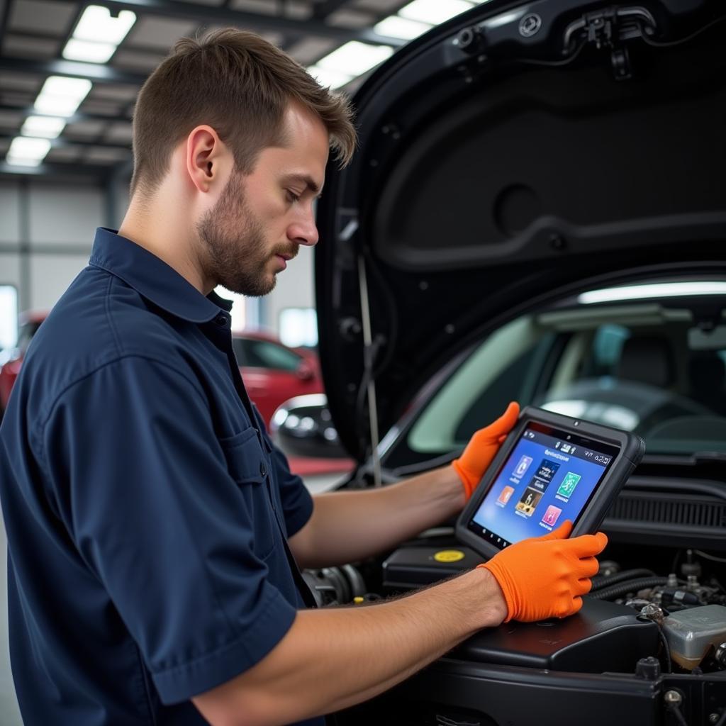 Mechanic Using Car Diagnostic Scanner Android