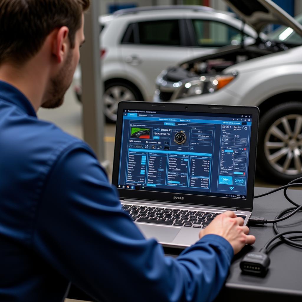 Mechanic Diagnosing a Car using Laptop and Diagnostic Software