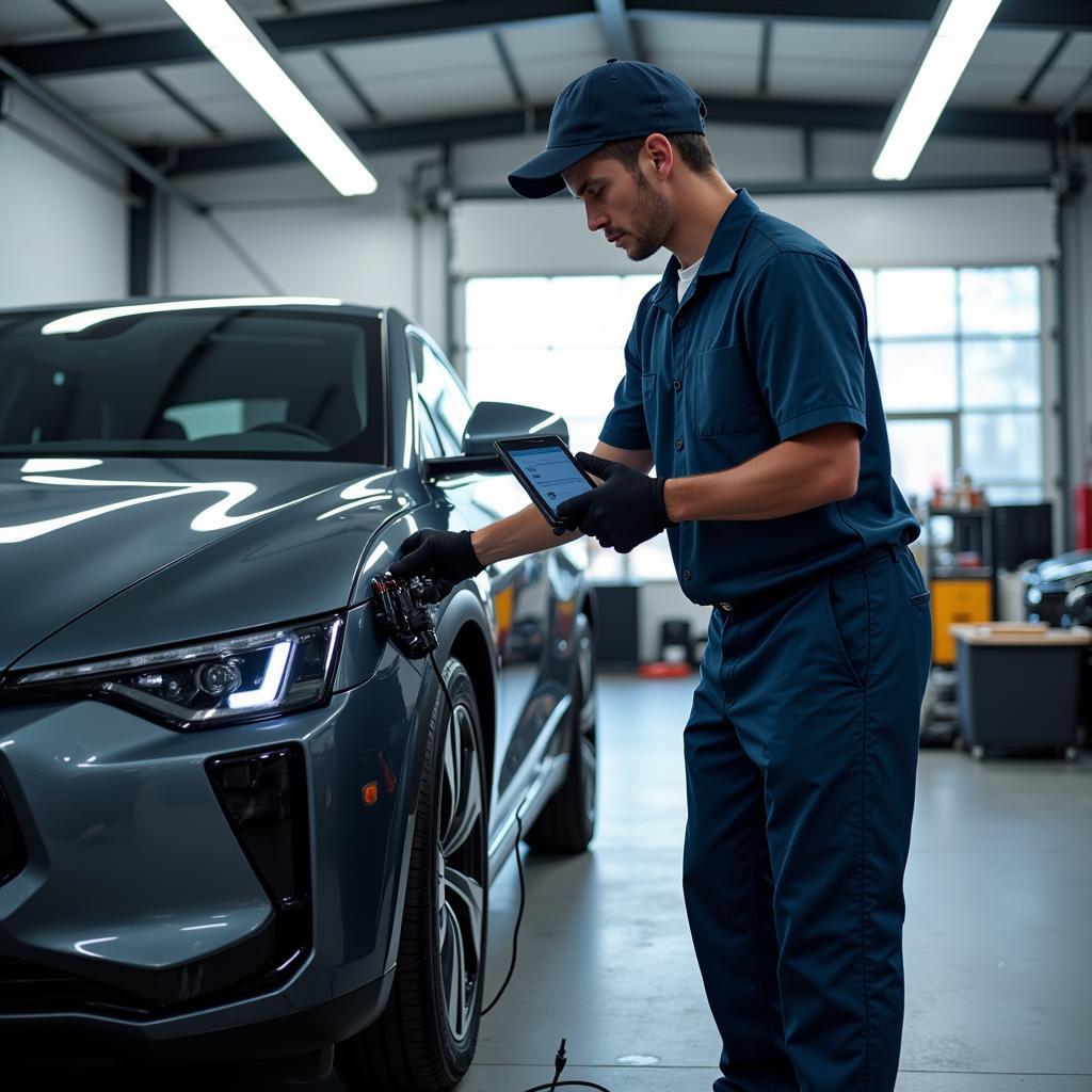 Mechanic using diagnostic machine on electric vehicle