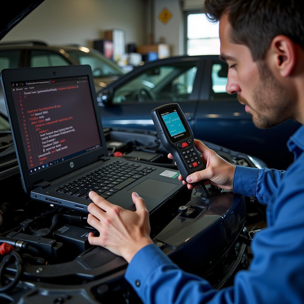 Mechanic Diagnosing Car Electrical Problem with Scanner