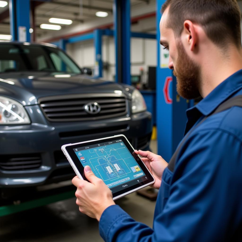 Mechanic Using a Diagnostic Tablet in a Workshop