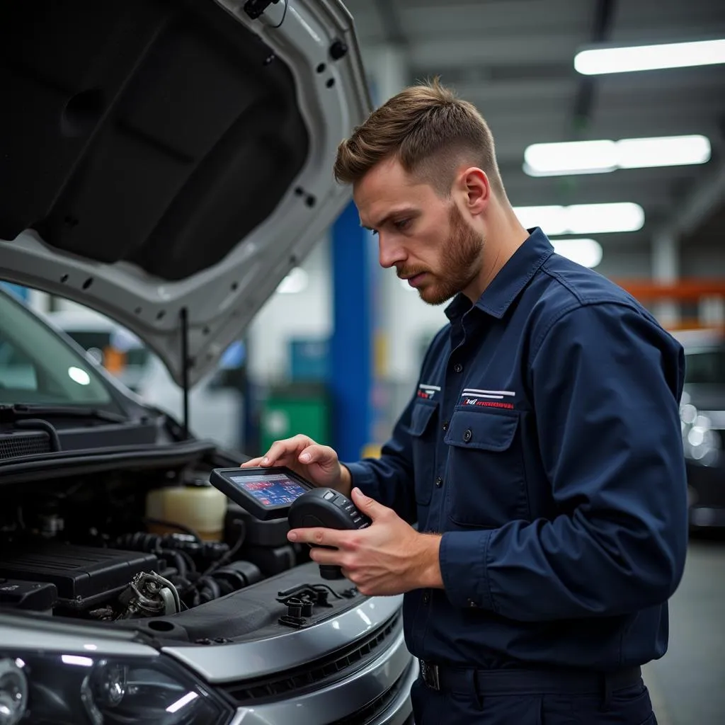 Mechanic using a diagnostic tool on a car