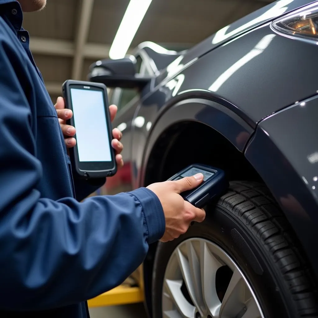 Mechanic Using Diagnostic Tool on Car