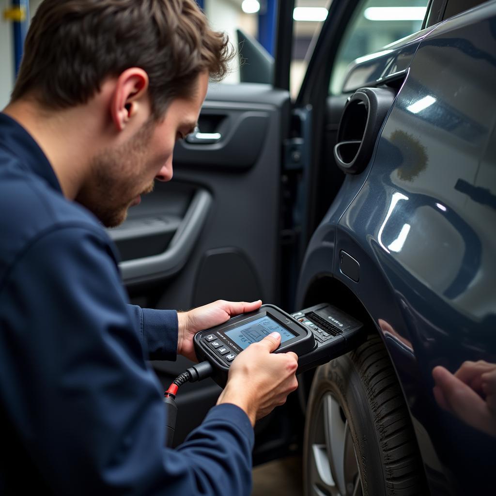 Mechanic Using Diagnostic Tool on Car