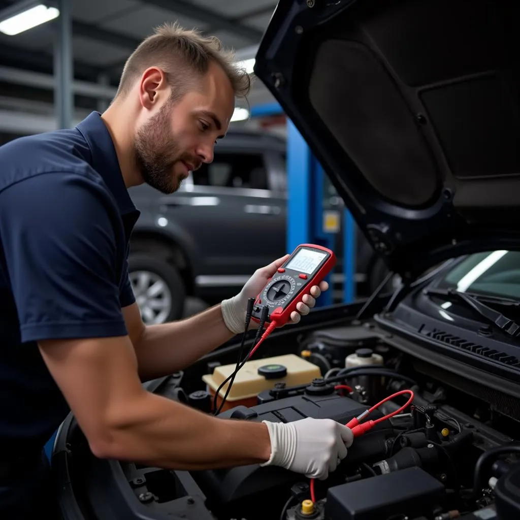 Mechanic Using Digital Multimeter to Test Car Battery Voltage