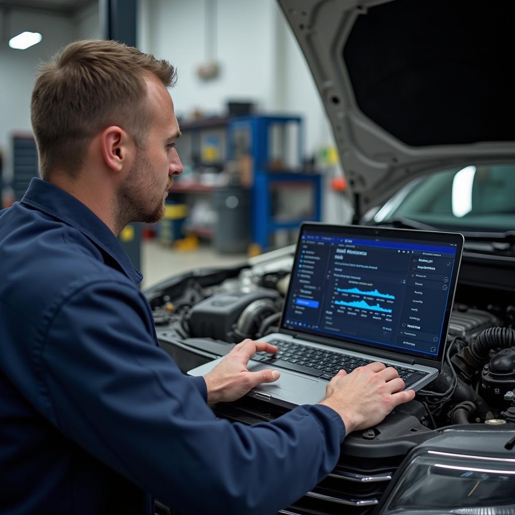  Mechanic using a laptop for car repair in a garage