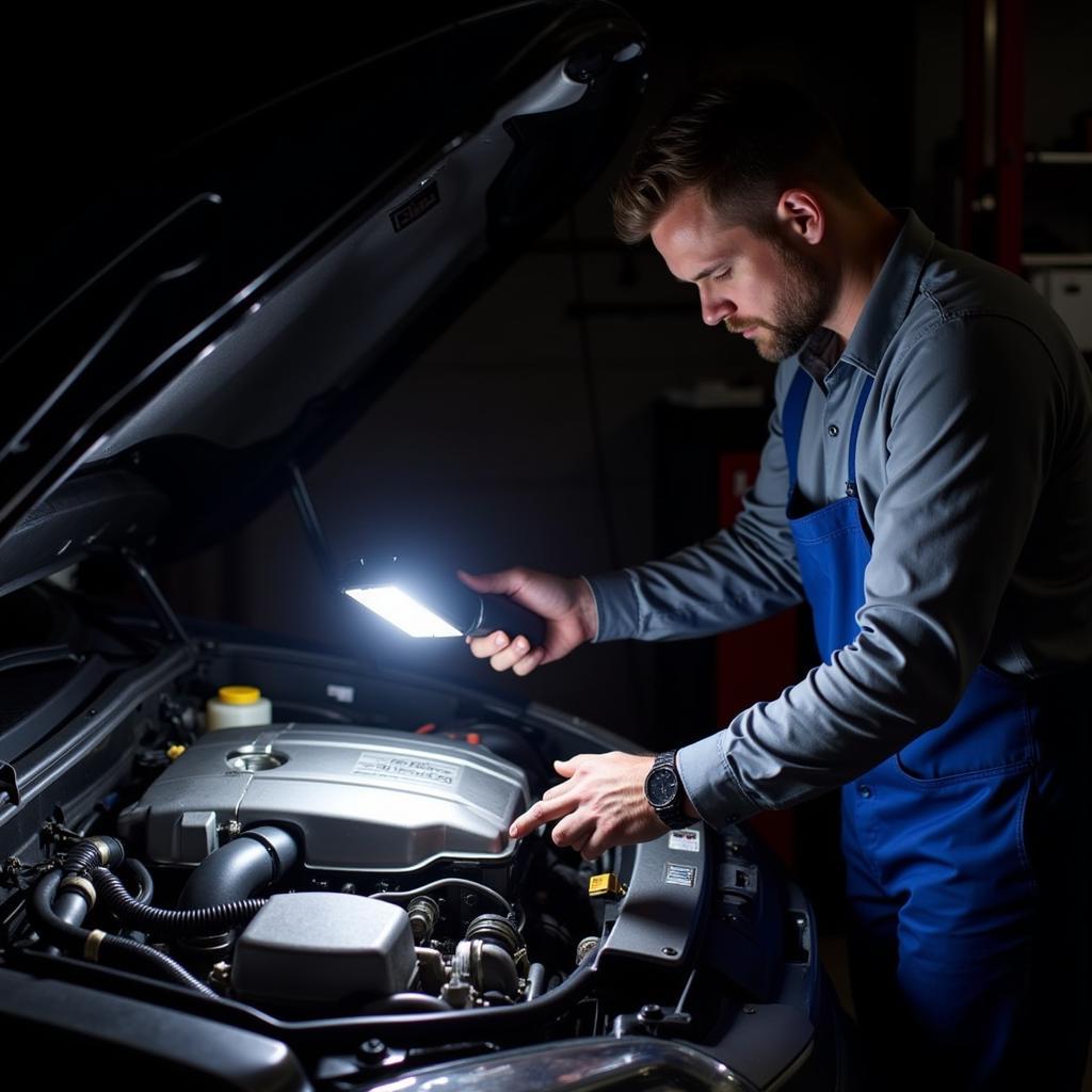 Mechanic using LED work light on engine