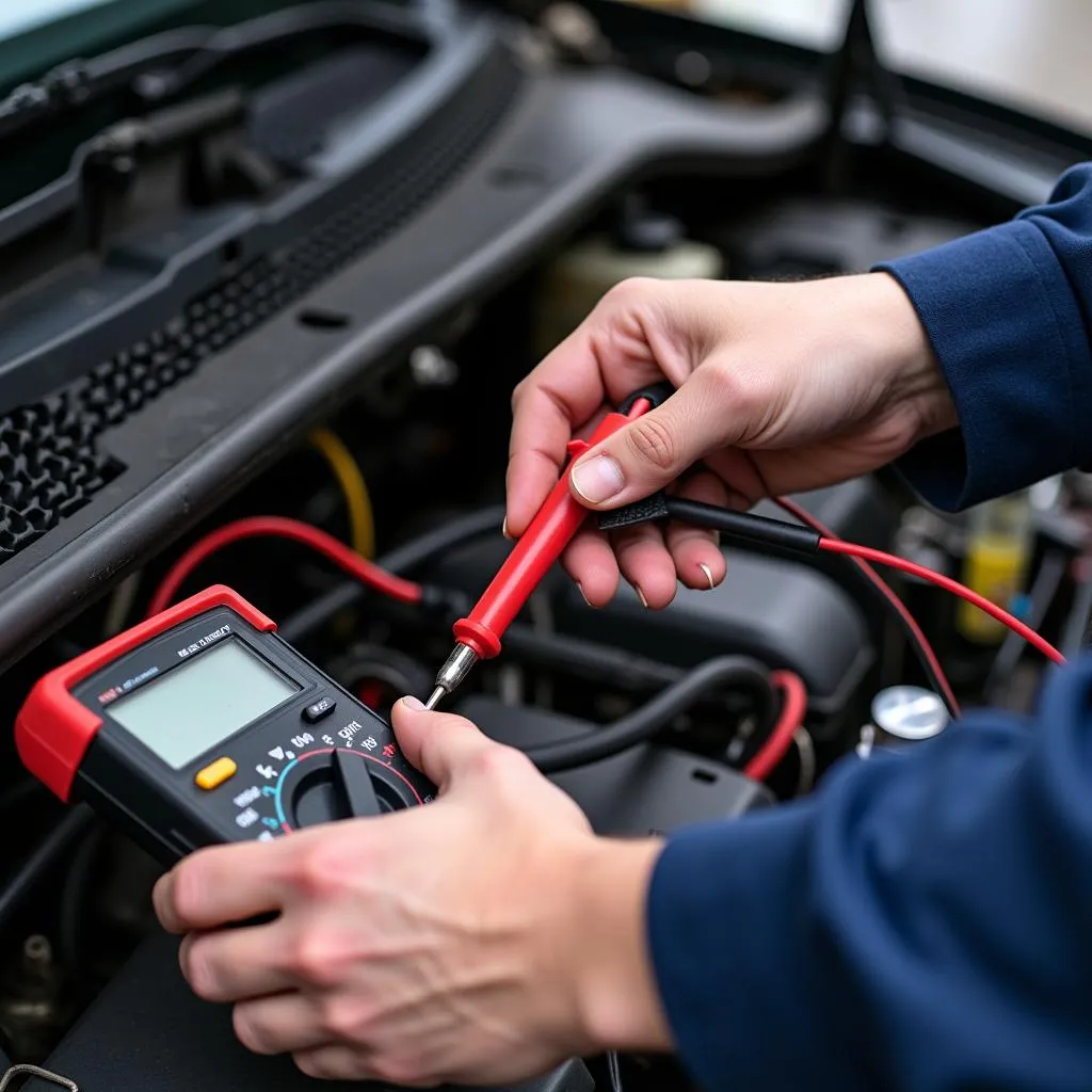 Mechanic Using Multimeter for Car Electrical Diagnosis