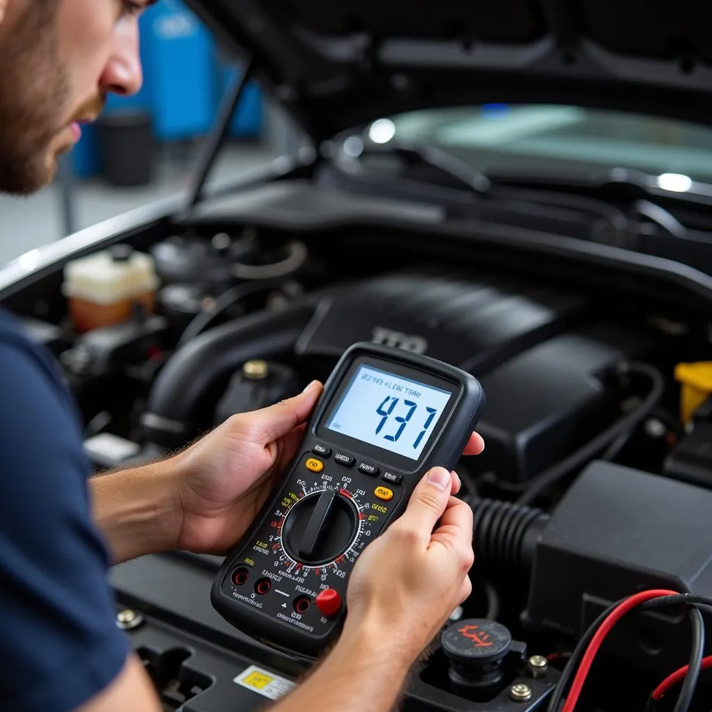 Mechanic using a multimeter on a car engine