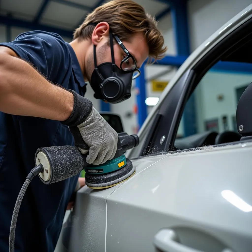 Mechanic Using Orbital Sander on Car Body