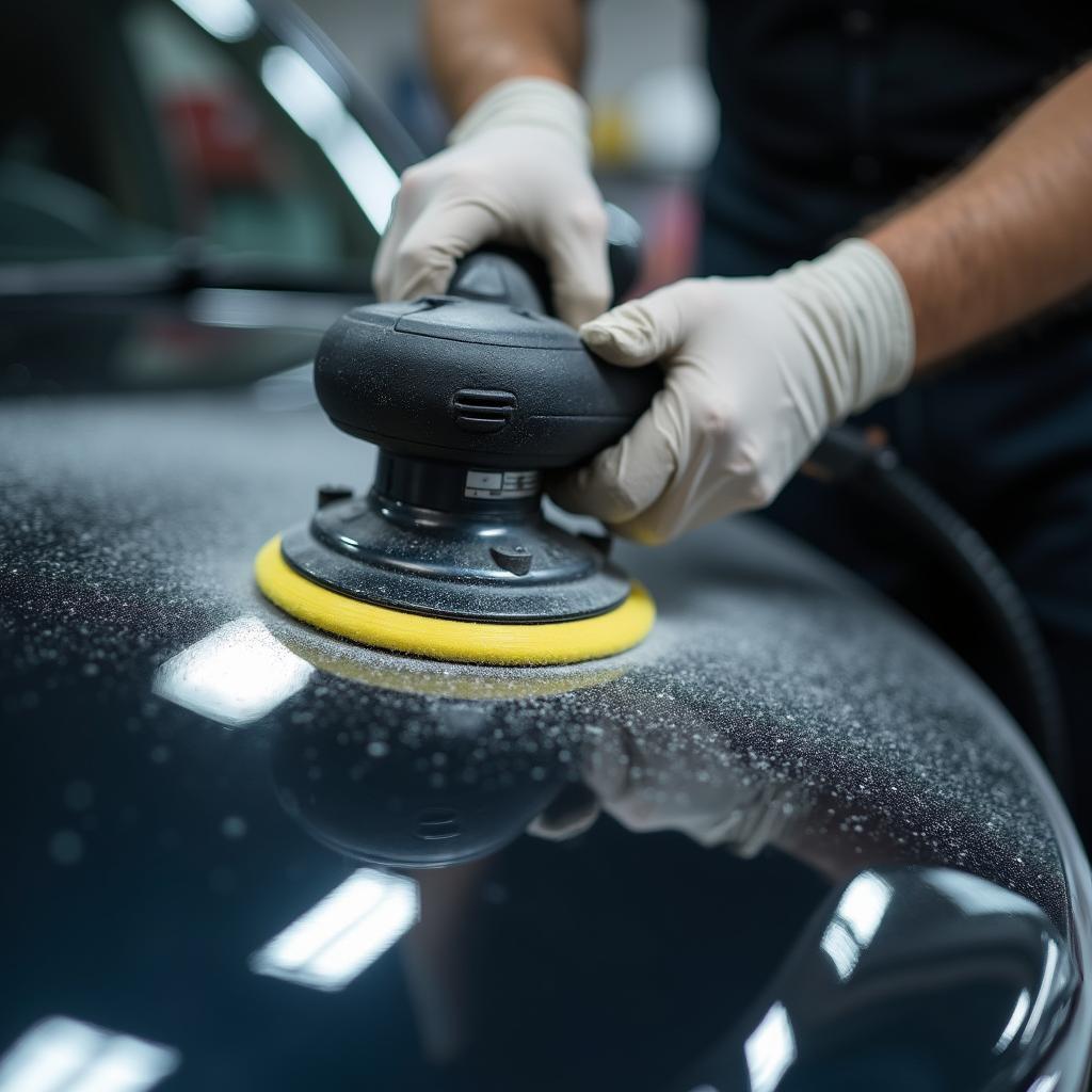 Mechanic using a polishing machine on a car in Yeovil