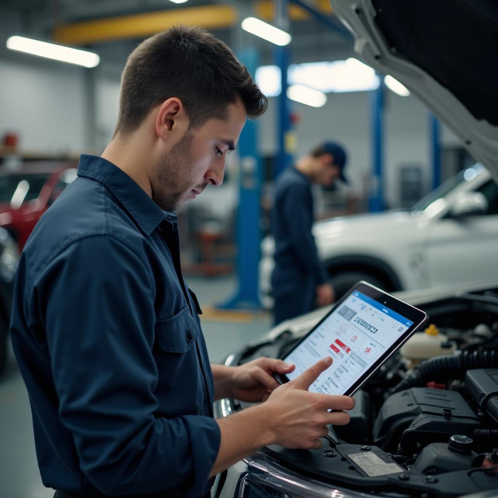 Mechanic using a tablet to diagnose a car problem