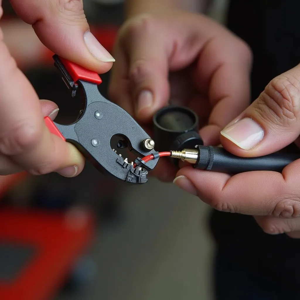 Mechanic Using Wire Strippers and Crimpers