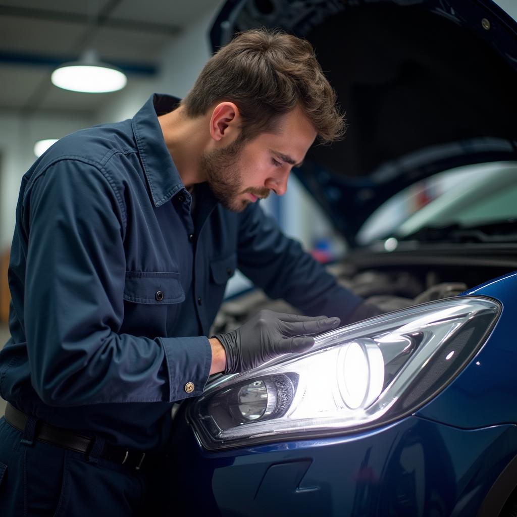 Mechanic Repairing Car Headlight in a Workshop