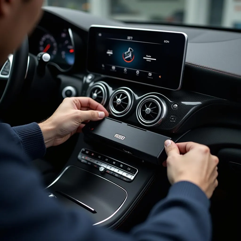 Close-up of a technician's hands installing a new car audio component in a Mercedes-Benz.