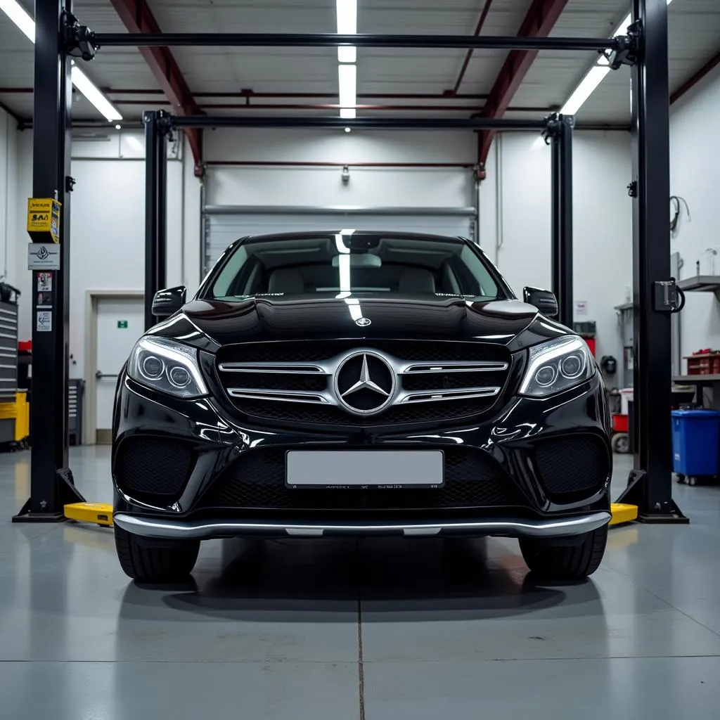 Mercedes on a Lift in a Repair Shop