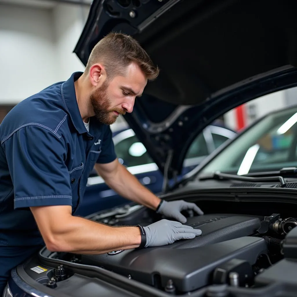 Routine maintenance being performed on a Mercedes-Benz car in Downey, CA