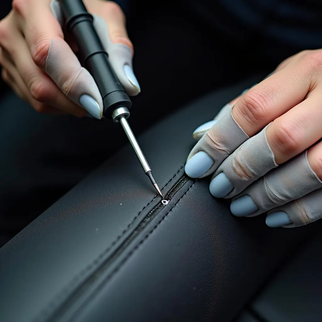 Close-up of Mercedes Benz Car Seat Seam Repair