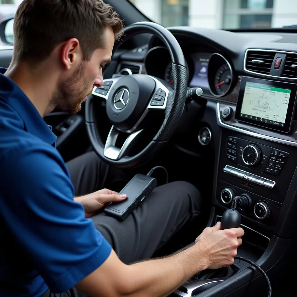 Mechanic analyzing Mercedes car dashboard diagnostics in Brickell