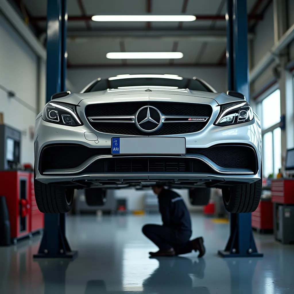 Mercedes Car Being Serviced on a Lift