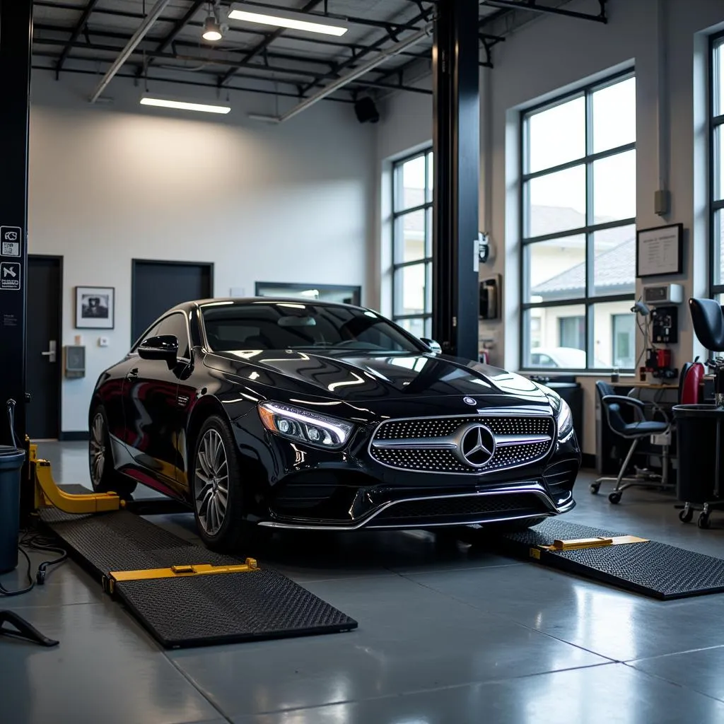 Mercedes car on a lift in a professional repair shop in Brickell