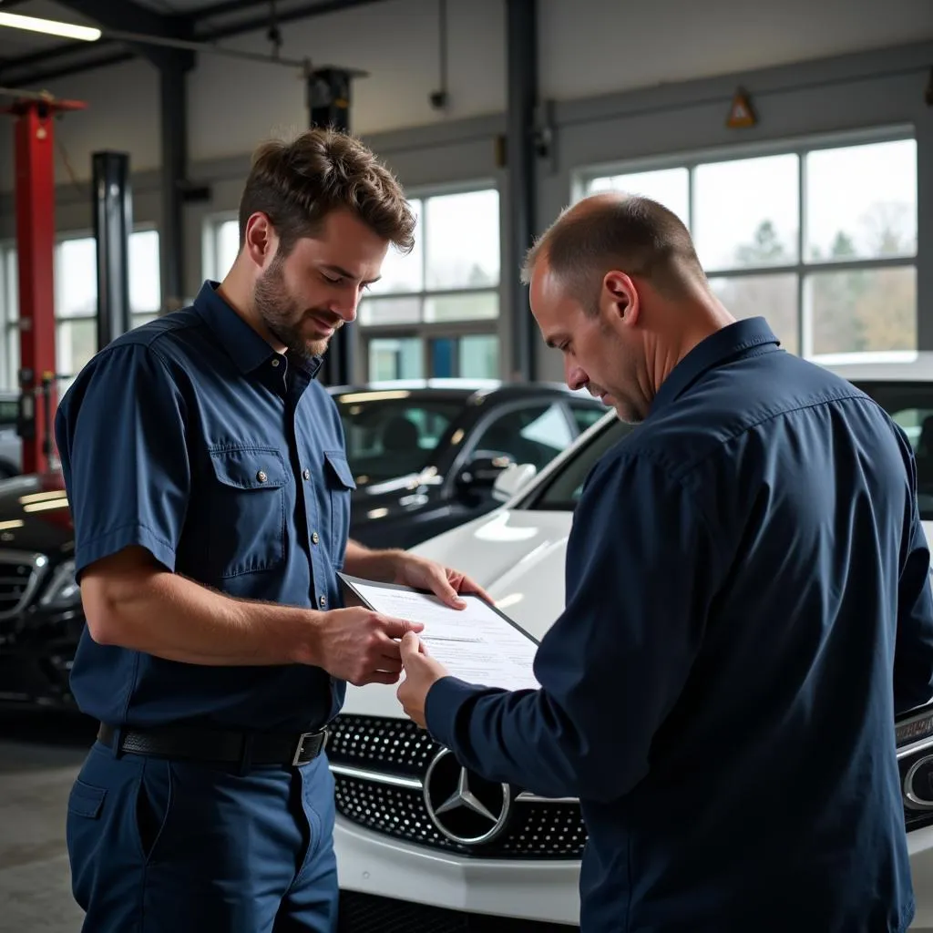 Mechanic in Rockville discussing a Mercedes car repair estimate with a customer