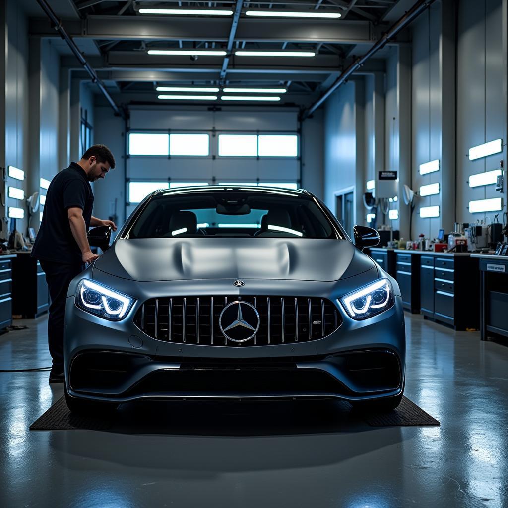 Mercedes Car Undergoing Repair in a Dubai Workshop