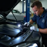 Mercedes Mechanic Inspecting Car Engine