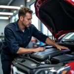 Mercedes mechanic inspecting engine in Brickell auto repair shop