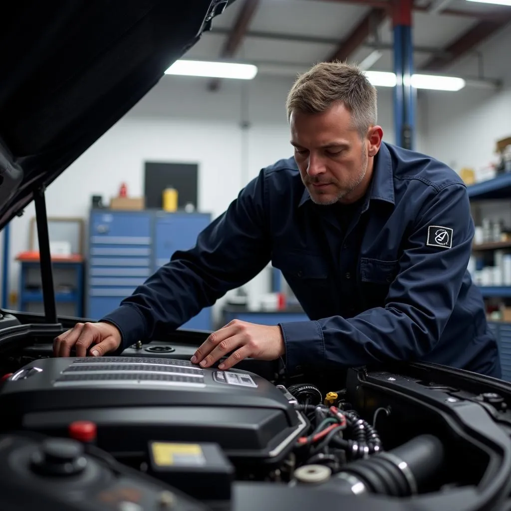 Experienced Mercedes mechanic in Rockville inspecting a car engine