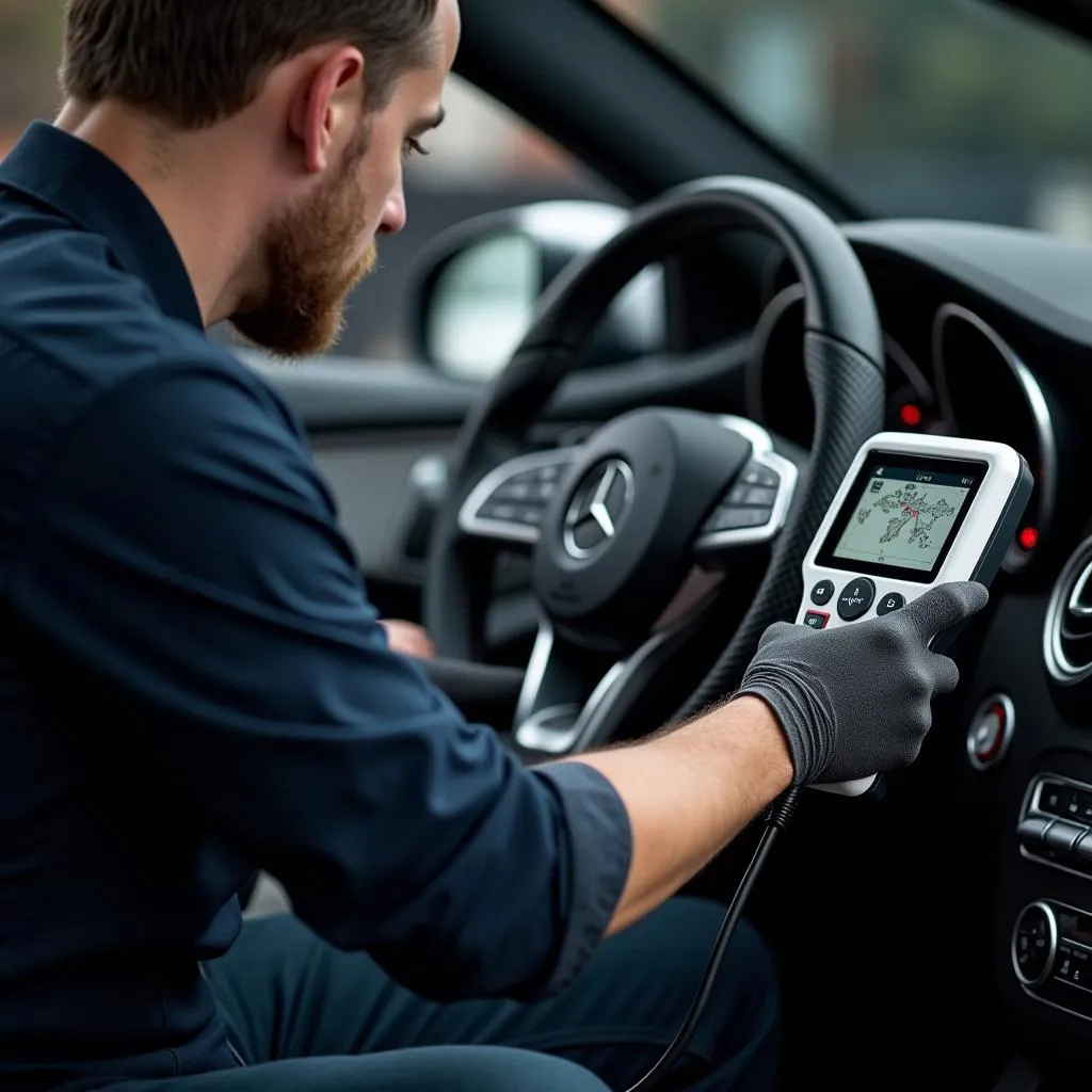 Mercedes Mechanic Using Diagnostic Tool