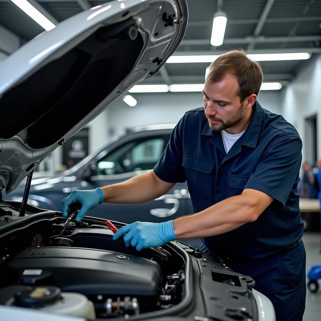 Mercedes Mechanic Inspecting Engine