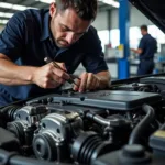 Mercedes Mechanic Working on Engine