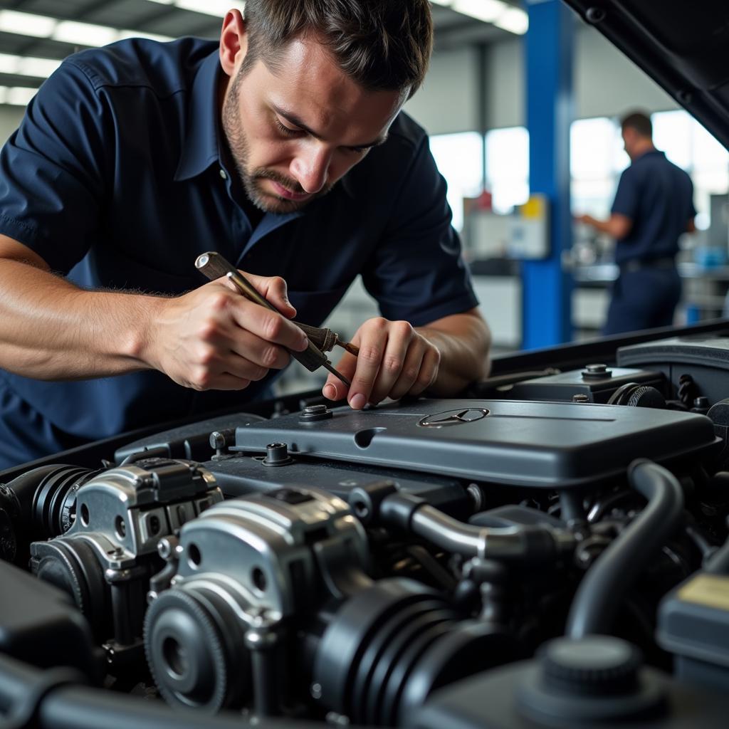 Mercedes Mechanic Working on Engine