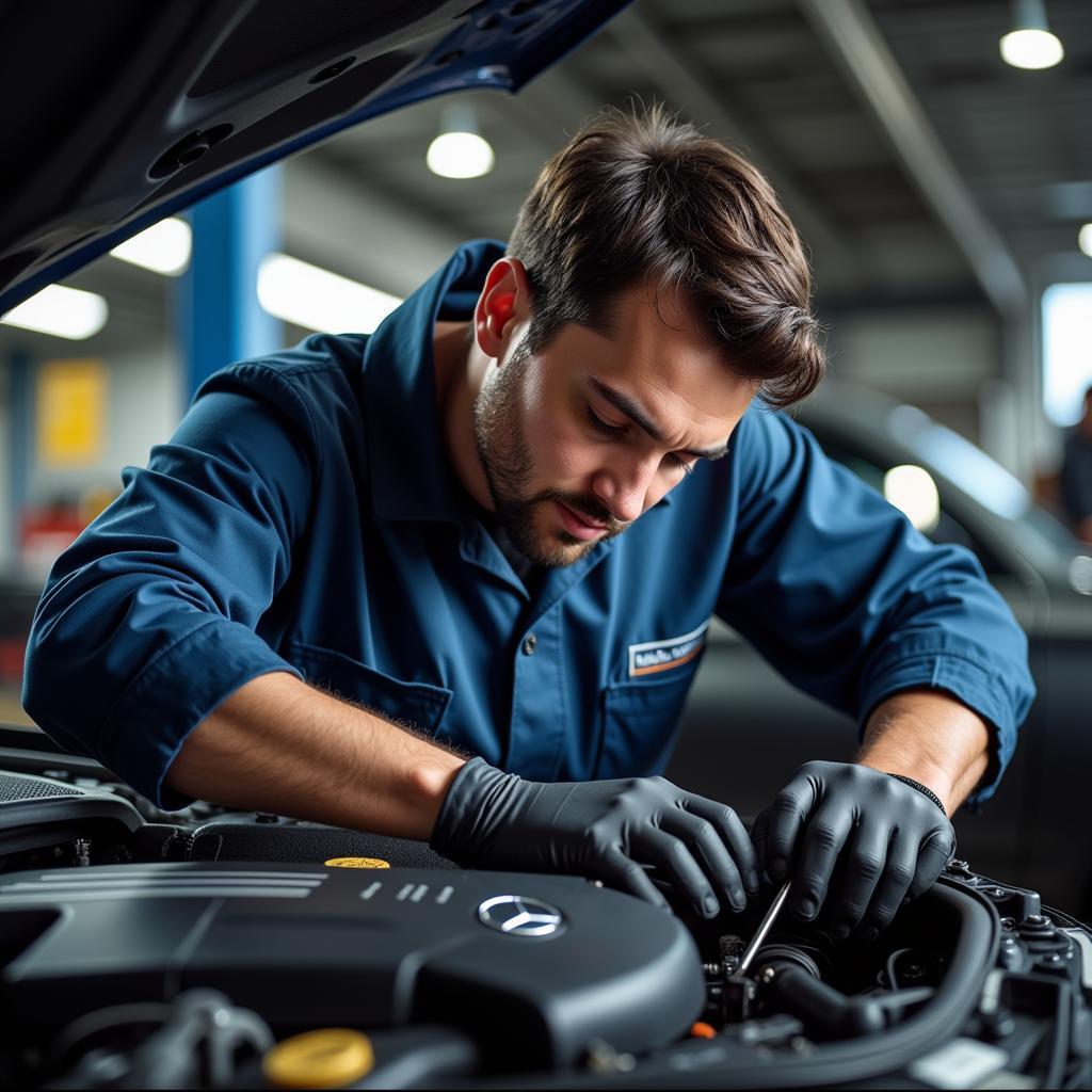 Mercedes Mechanic Working on Engine