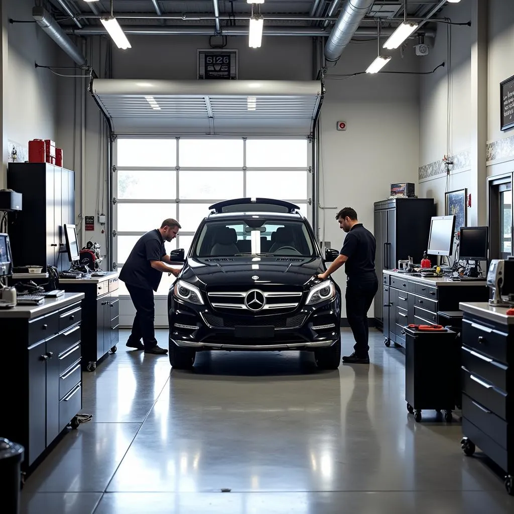 Interior view of a well-equipped Mercedes repair shop in Denver