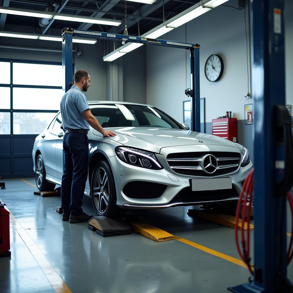 Mercedes-Benz car on a lift in a repair shop in Zion, IL