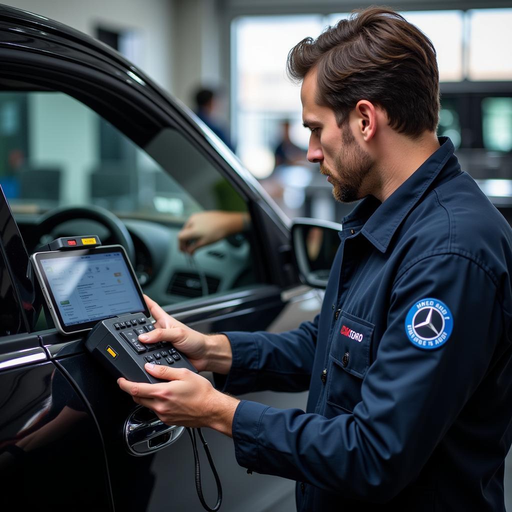 Mercedes Technician Using Diagnostic Tool