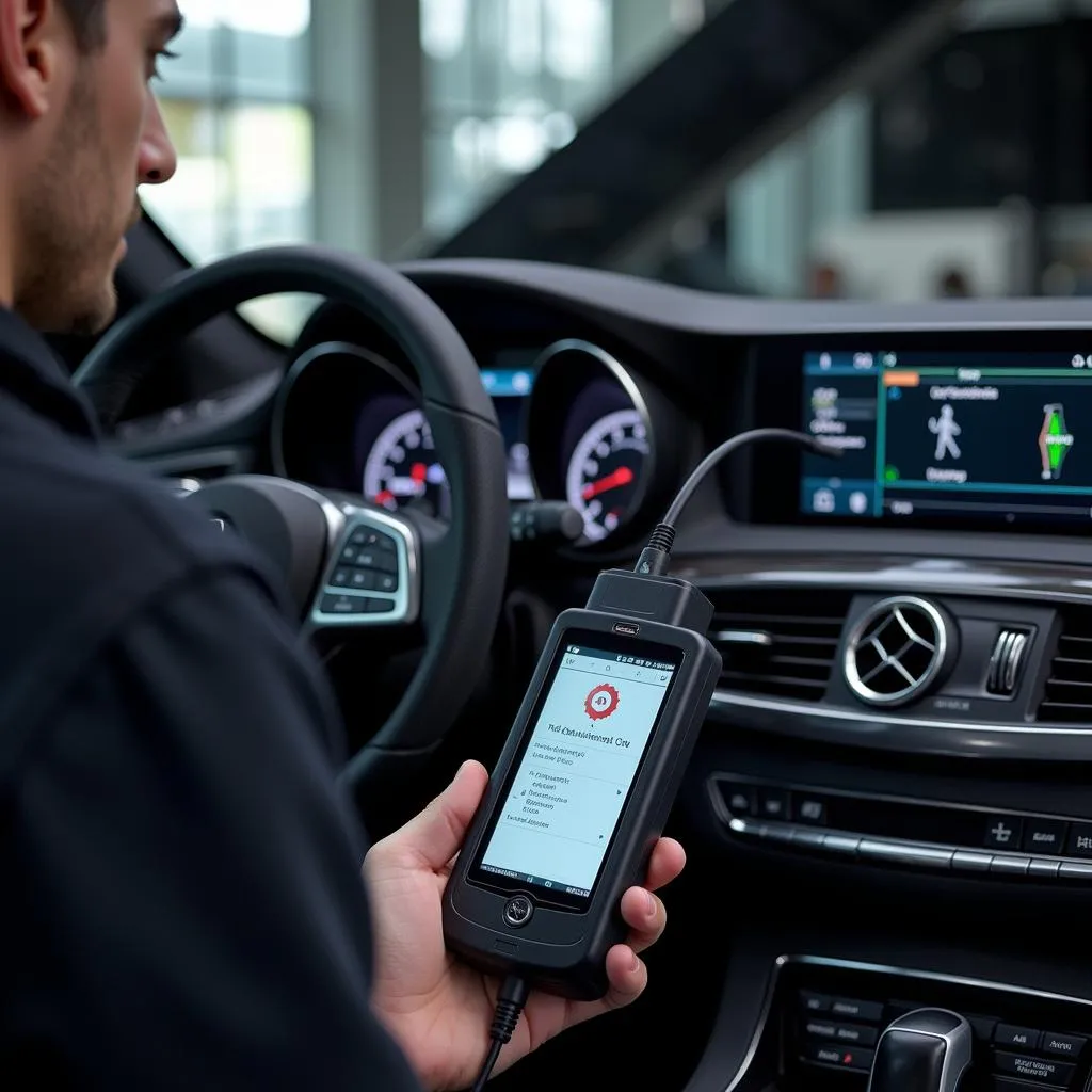 Mercedes technician using diagnostic equipment to troubleshoot car audio