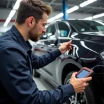 Mercedes Technician Using Diagnostic Tool