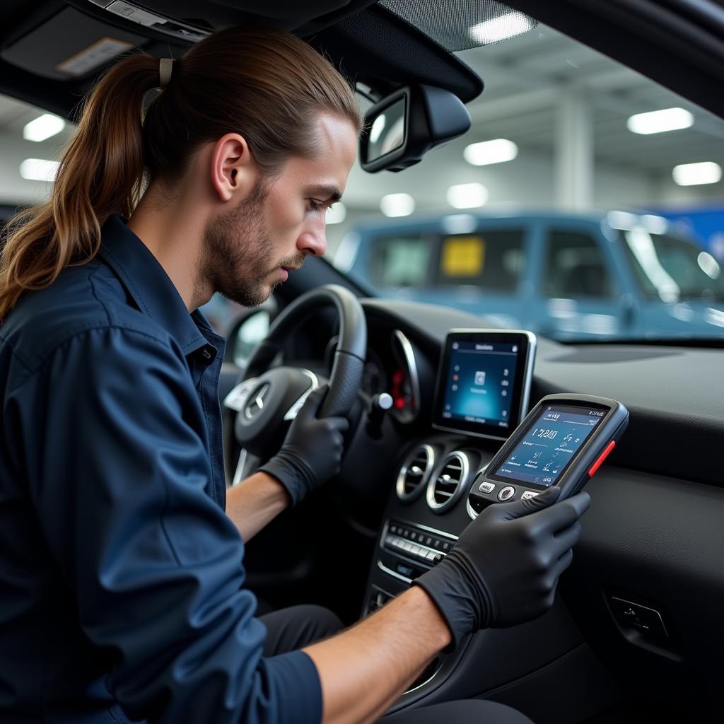 Mercedes Technician Using Diagnostic Tool