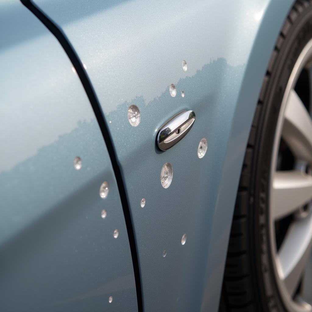 Close-up view of micro paint blisters on a car door panel