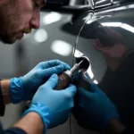 Car with minor dent undergoing repair in Castle Donington