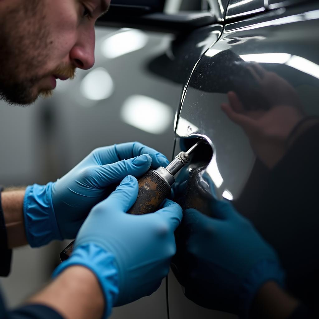 Car with minor dent undergoing repair in Castle Donington